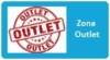 Sello circular rojo con la palabra OUTLET en el centro y repetida, junto a un recuadro azul que indica 'Zona Outlet'. Representa ofertas y descuentos.