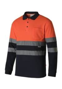 Polo bicolor alta visibilidad manga larga con Algodón Velilla 305515, Naranja flúor-marino