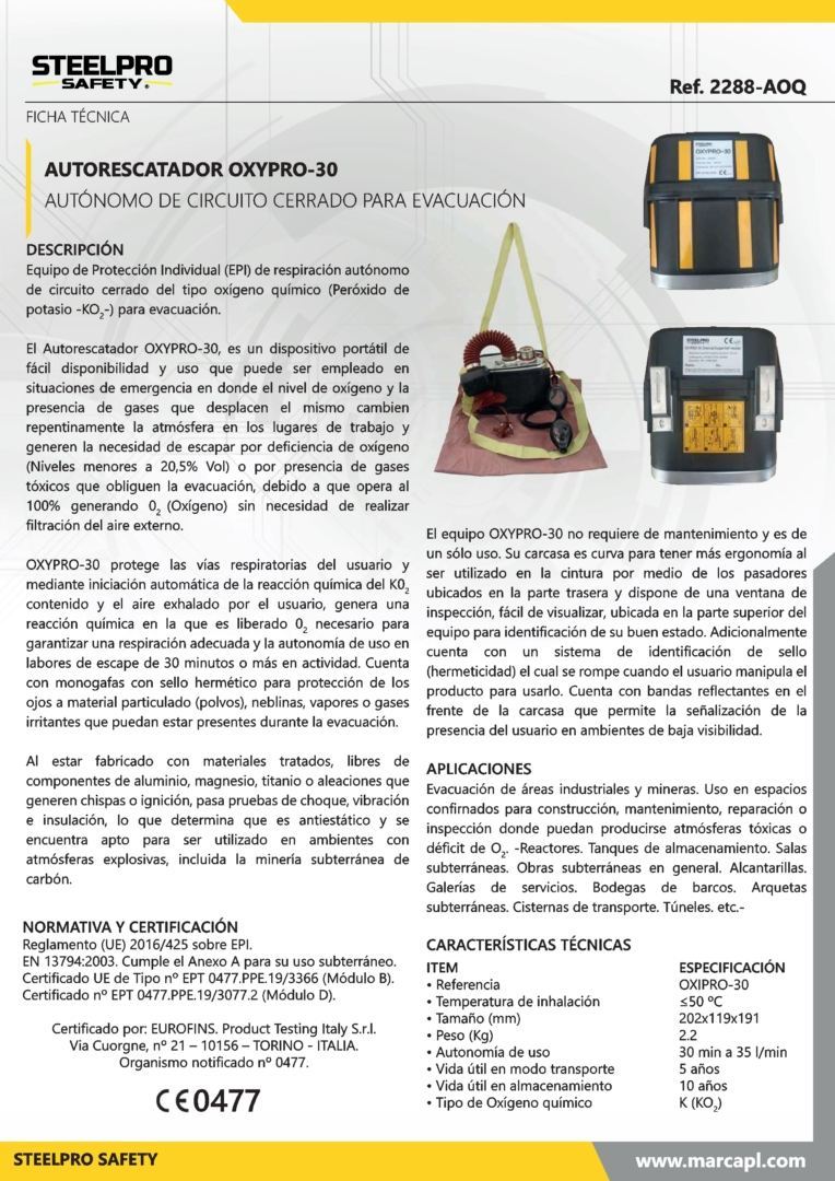 Auto-Rescatador de Oxígeno Químico SteelPro 2288-AOQ Ficha Técnica