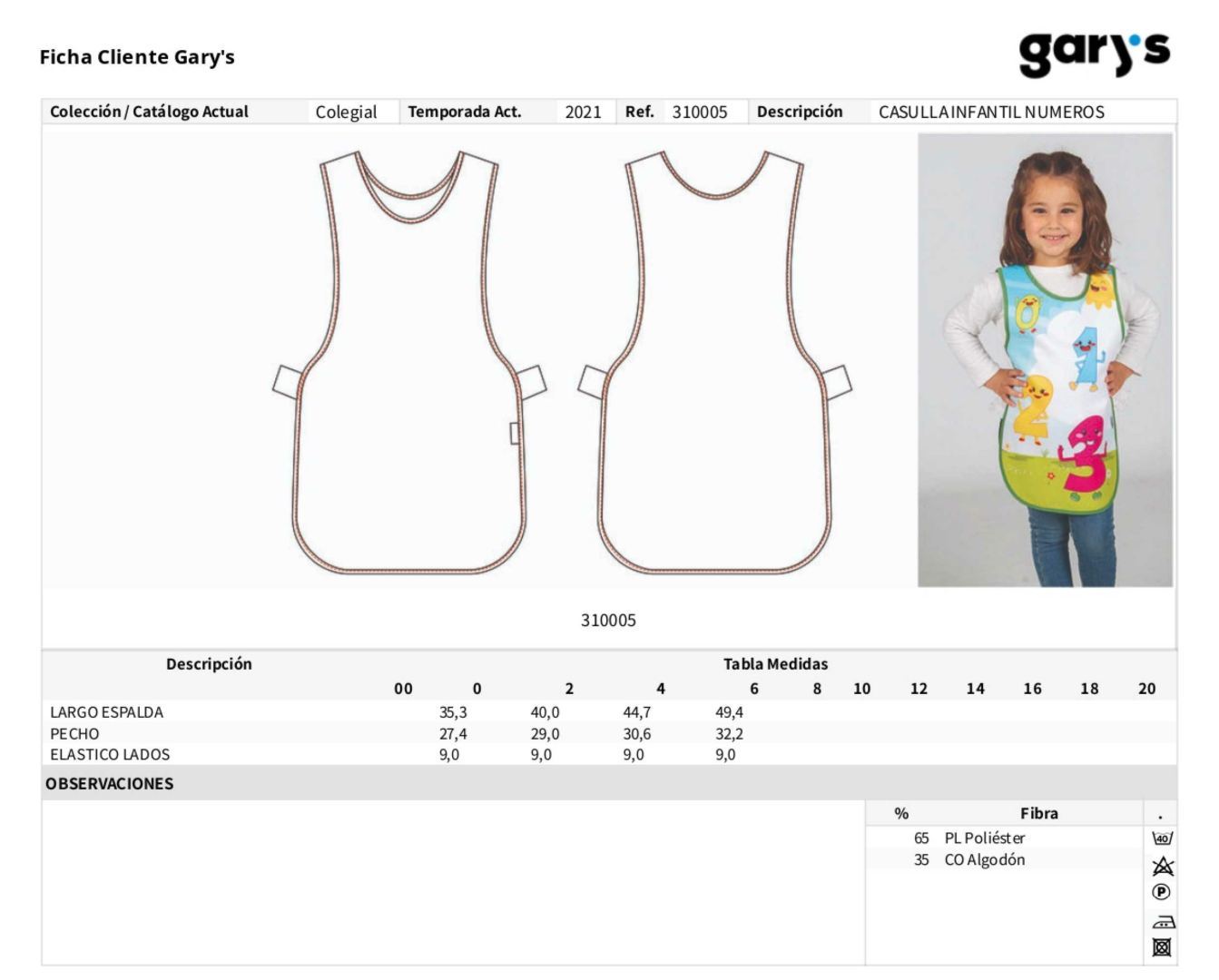 Guía de talla 310005 Garys