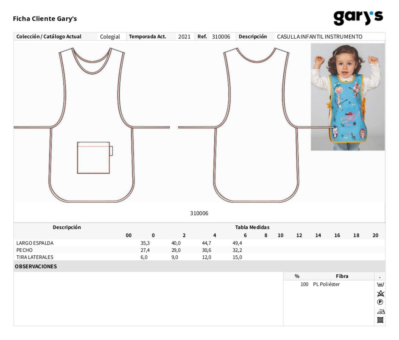 Guía de talla 310006 Garys