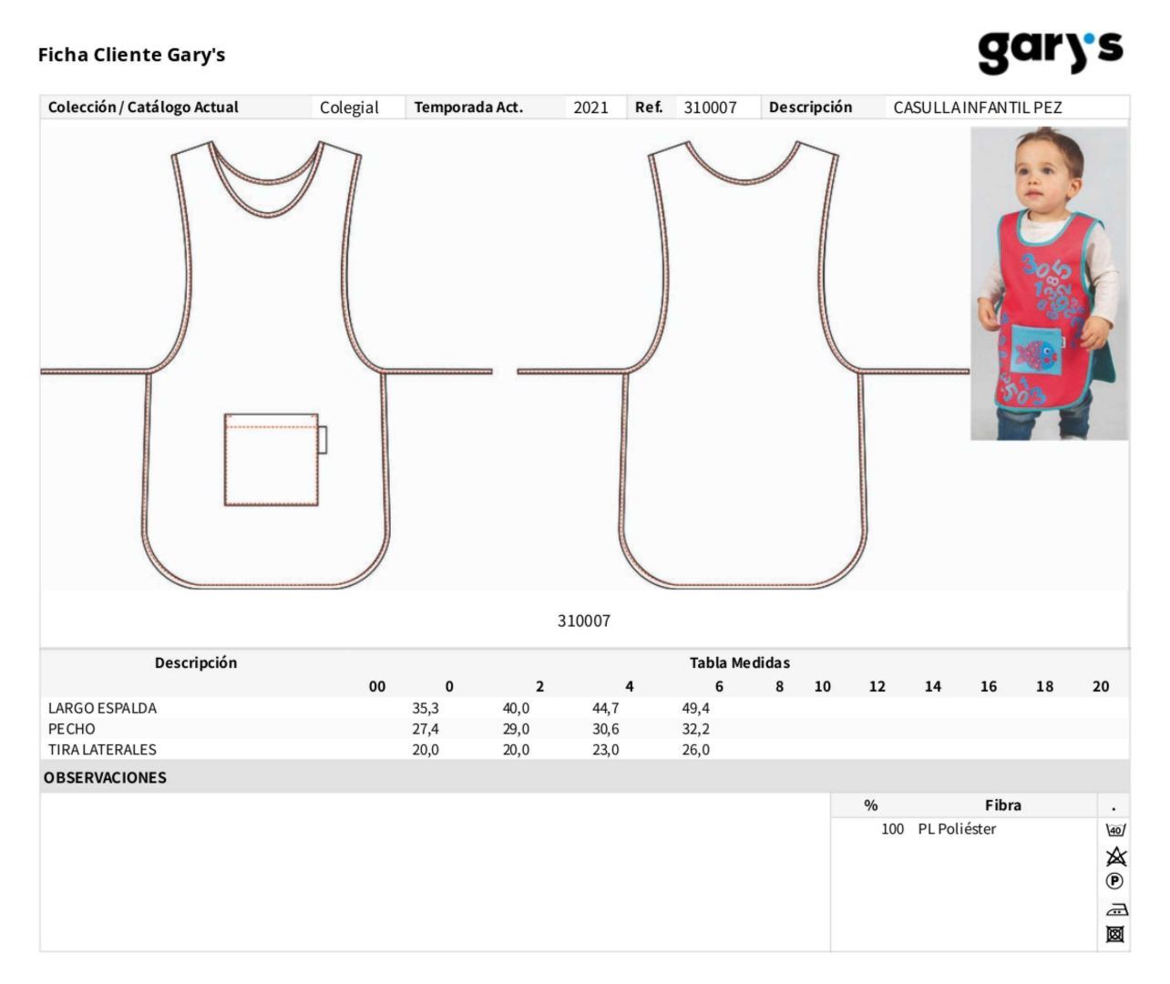 Guía de talla 310007 Garys