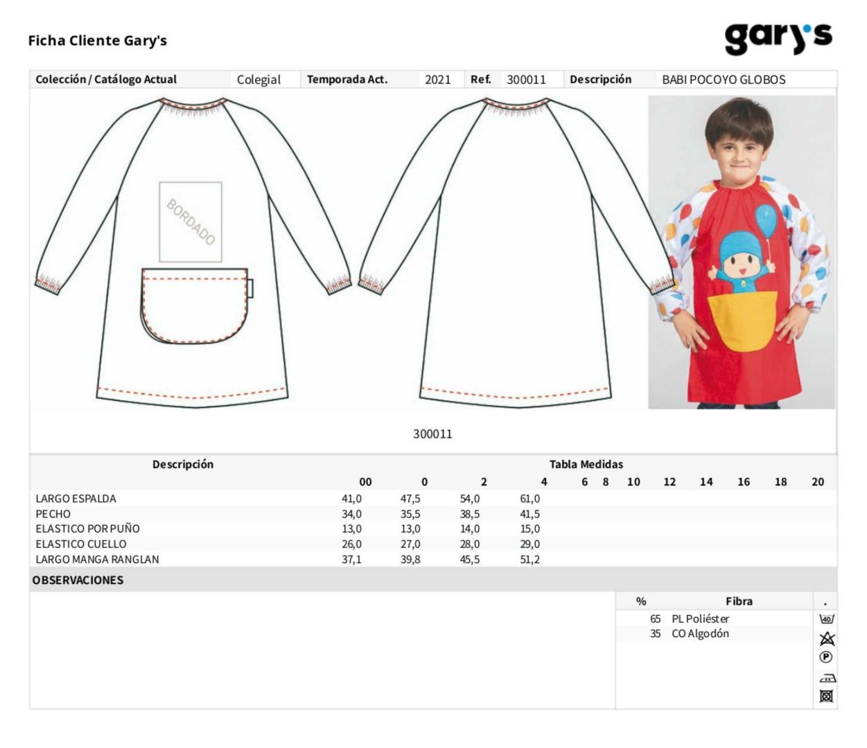 Guía de talla 300011 Garys