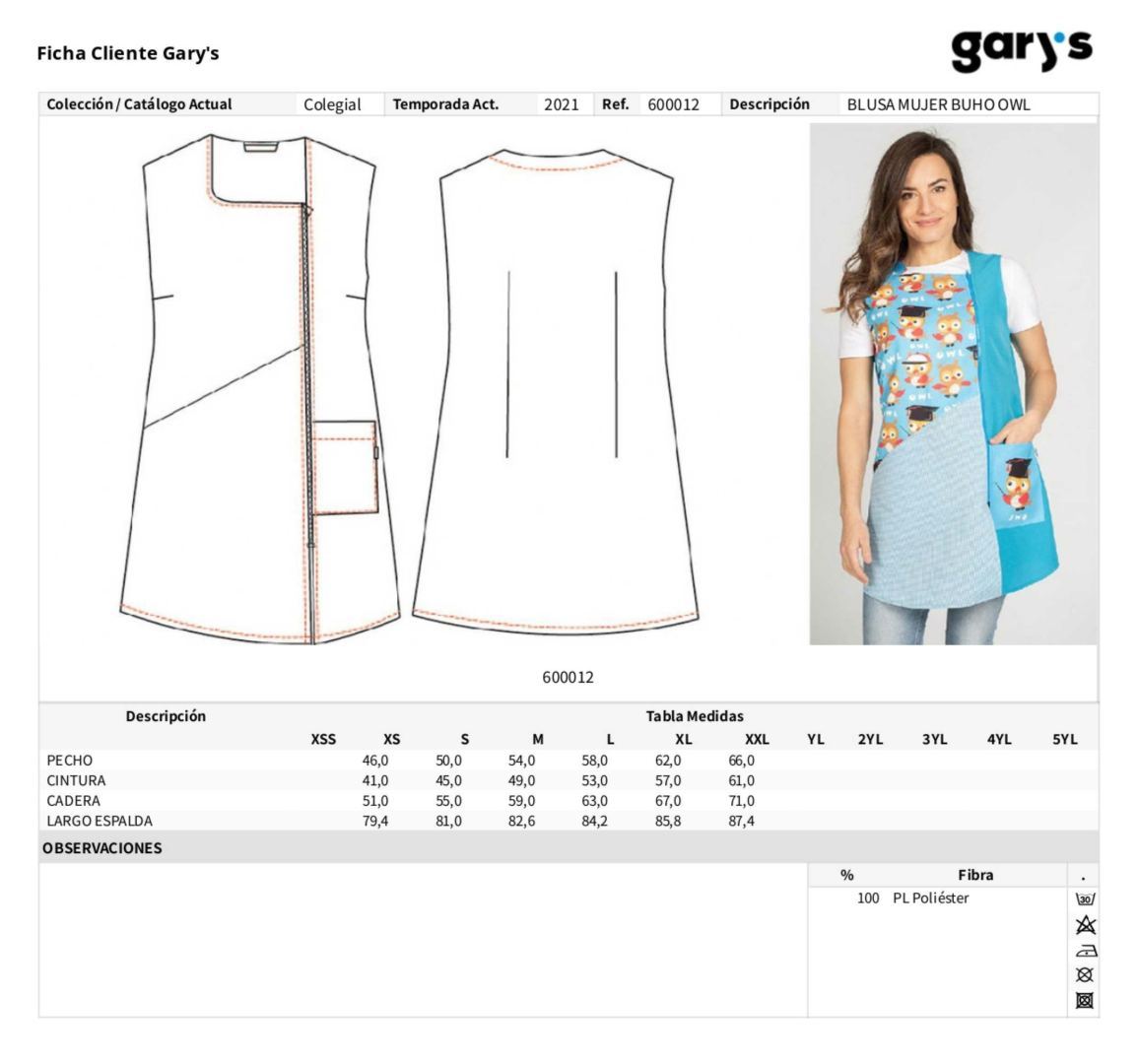 Guía de talla 600012 Garys