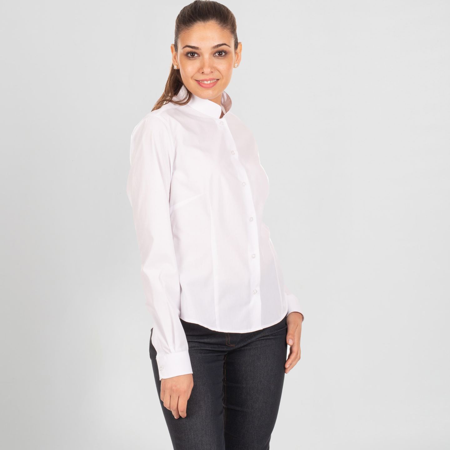 Blusa Blanca Manga Larga Cuello Mao