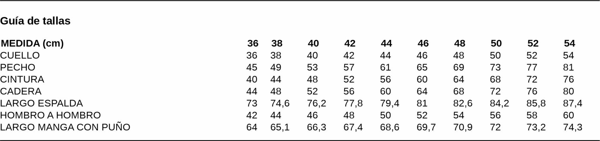 GUIA TALLA 2601 GARYS DISTINCION