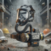 Equipo de protección respiratoria filtrante de ventilación asistida (PAPR) según norma EN 12942, con máscara completa, en un entorno de construcción industrial.