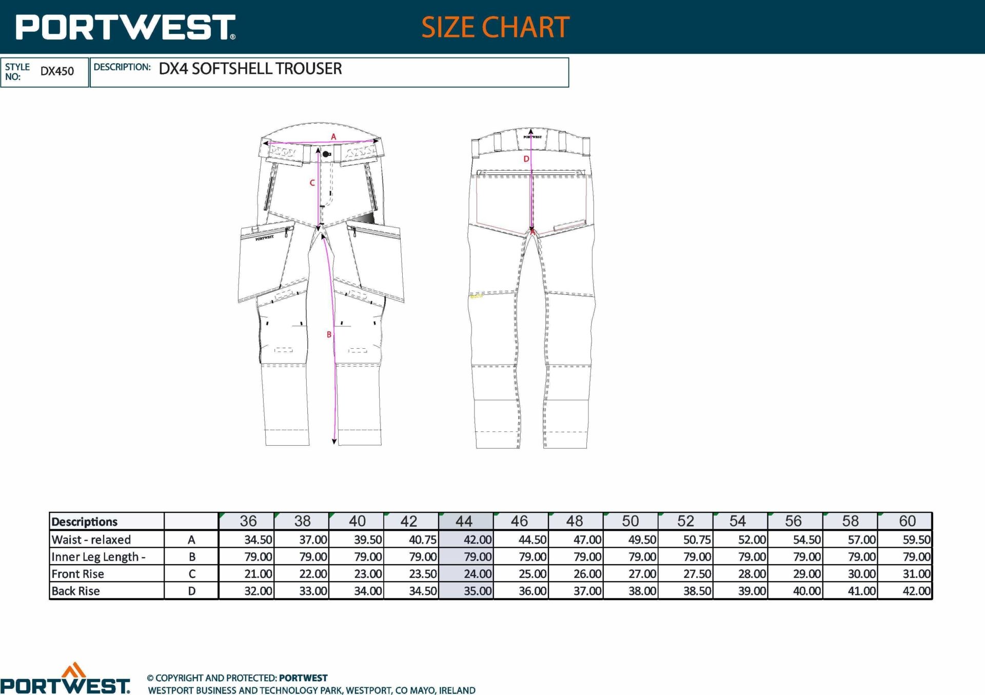 Tabla de tallas detallada para el pantalón softshell Portwest DX450, mostrando medidas de cintura, tiro y largo de pierna para hombre.