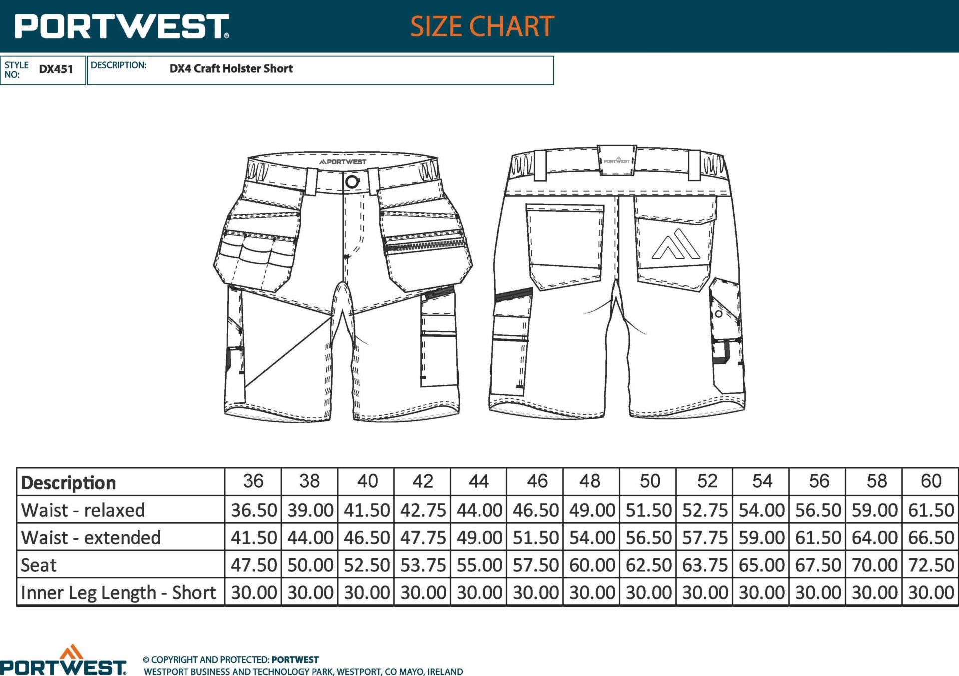 Tabla de tallas Portwest DX4 Craft Holster DX451. Muestra dibujos de las bermudas y medidas de cintura, asiento y largo de pierna.