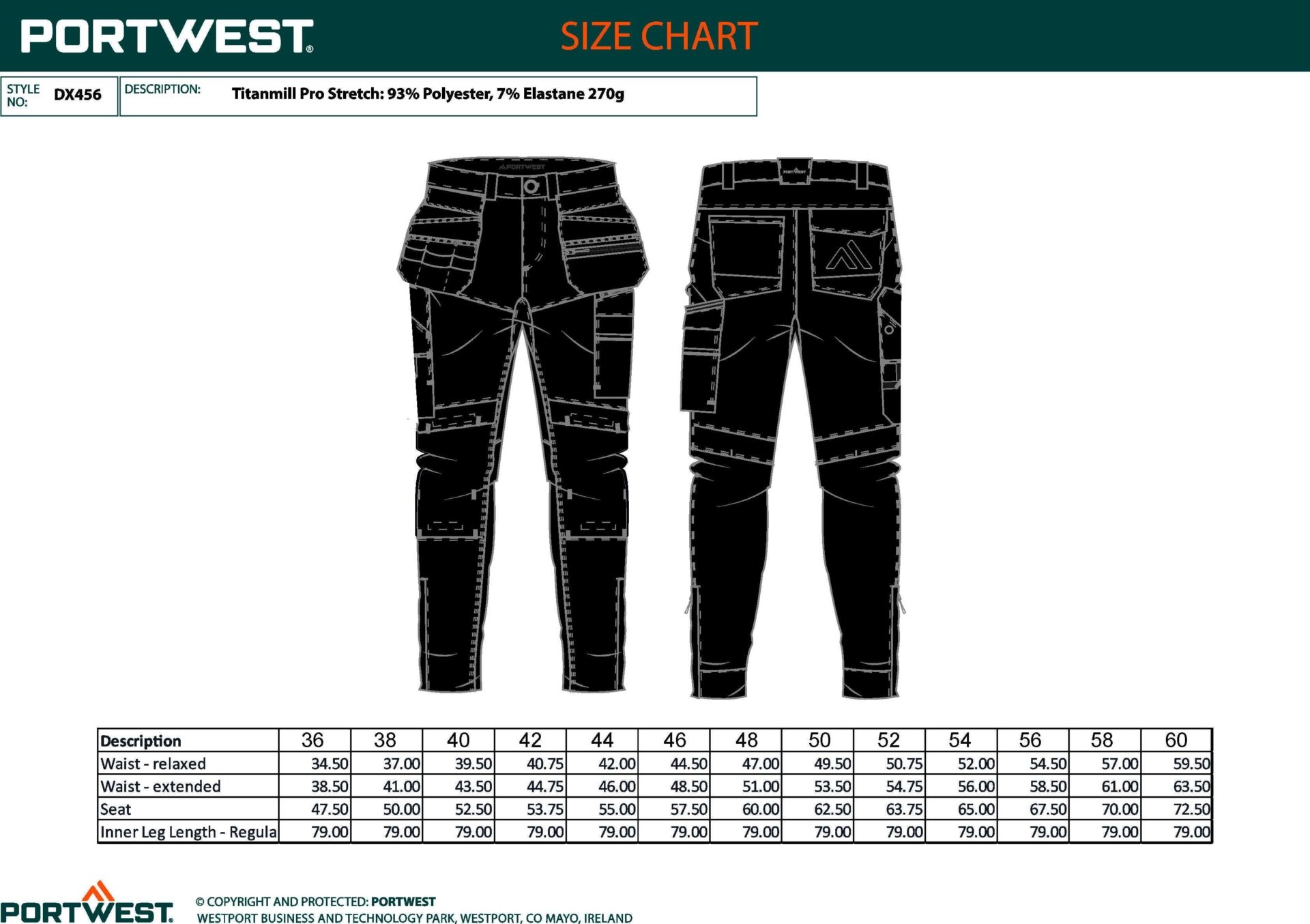 Tabla de tallas y vistas frontal y trasera del pantalón de trabajo Portwest DX456 negro, con rodilleras reforzadas y bolsillos desmontables.