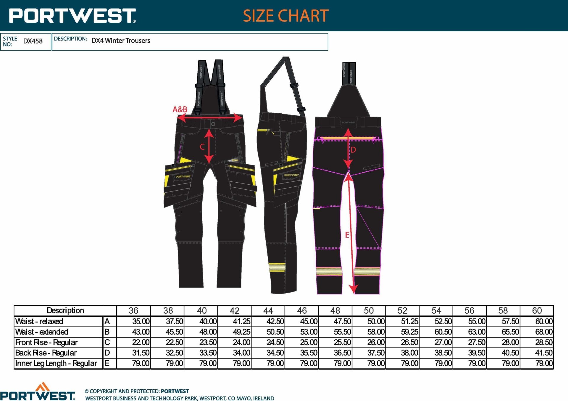 Tabla de tallas detallada para el Peto Aislante Winter DX4 Portwest DX458 en negro y amarillo, mostrando medidas de cintura, tiro y largo de pierna para diferentes tallas de ropa laboral.