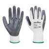 Guantes de Nitrilo Flexo Grip Portwest A310 Par de guantes de nitrilo Portwest A310 Flexo Grip grises y blancos, con palma recubierta y certificaciones EN 388 y ANSI-ISEA 105.