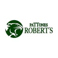 Logo de marca en verde oscuro y blanco, con un emblema circular de una pantera o puma rugiendo y el nombre 'PaTToNES ROBERT'S' en fuente serif elegante.