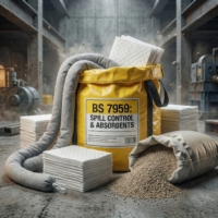 Kit de control de derrames BS 7959 en entorno industrial, con bolsa amarilla, barrera absorbente gris, almohadillas blancas y granulado, destacando la gestión técnica de vertidos.