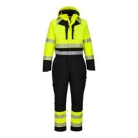 Buzo de invierno Portwest DX438 amarillo y negro con alta visibilidad, bandas reflectantes y capucha para protección laboral.