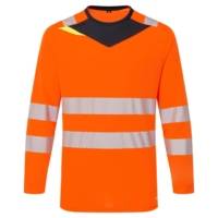 Camiseta DX4 de alta visibilidad Portwest DX416 naranja con mangas largas, cuello negro y bandas reflectantes horizontales para seguridad laboral.