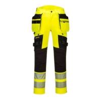 Pantalón de alta visibilidad Portwest DX442 amarillo flúor y negro, con bolsillos flotantes, rodilleras reforzadas y bandas reflectantes para trabajo.