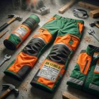 Pantalones y chaqueta de protección forestal en verde y naranja con etiquetas EN 11393-2 rodeados de herramientas de taller