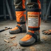 Polainas de seguridad naranja y gris para motosierra con correas ajustables sobre botas de trabajo