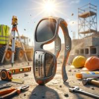Gafas de seguridad gris y naranja con certificación EN 12312 sobre suelo de obra rodeadas de herramientas y cascos