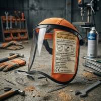 Careta facial de protección naranja con visor transparente y gafas de seguridad sobre una mesa de taller con herramientas