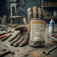 Guantes de protección de cuero y lona con etiqueta técnica normativa sobre una mesa de taller con herramientas