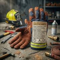 Guantes de protección para bomberos fabricados en cuero marrón y tejido técnico azul con etiqueta normativa EN 659