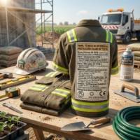 Camisa de trabajo marrón con bandas reflectantes y etiqueta técnica de protección solar UV sobre mesa de obra